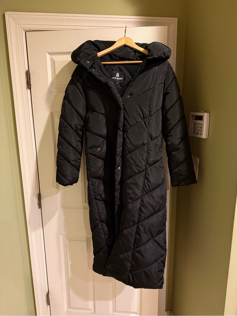 Steve Madden Black Long Quilted Hooded Puffer Coat